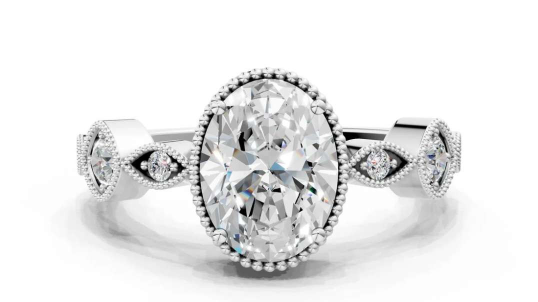 White gold Oval Cut Diamond Vintage Milgrain Ring with Round Stations