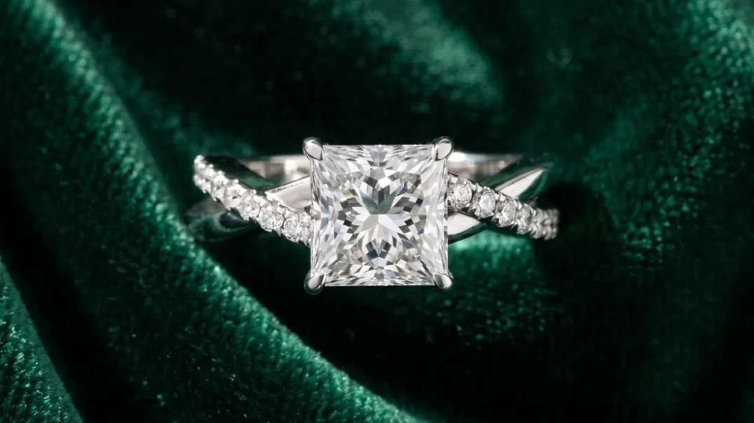 White gold Princess Cut Twist Band Solitaire Diamond Ring